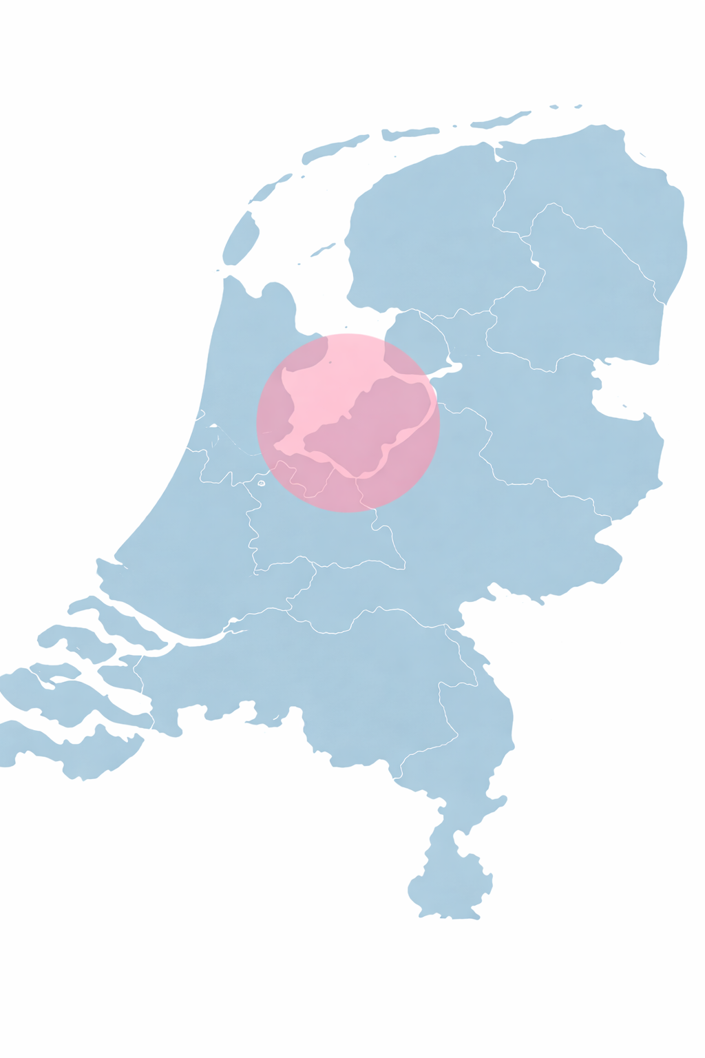 Werkgebied Kraamzorg Jeanine ligt rondom Almere. De afbeelding laat Nederland zien, met een cirkel rond het werkgebied.